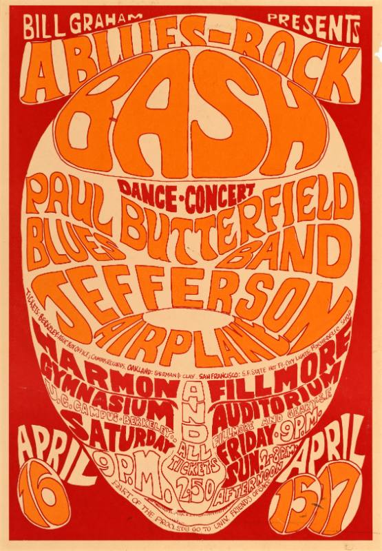 A psychedelic poster of orange text curving into the shape of a downward turned head