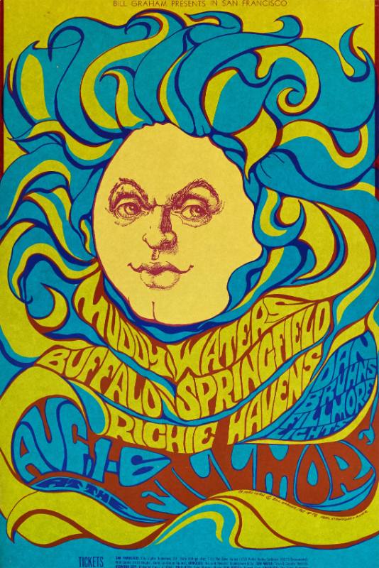 A psychedelic poster of a round face surrounded by blue waving hair