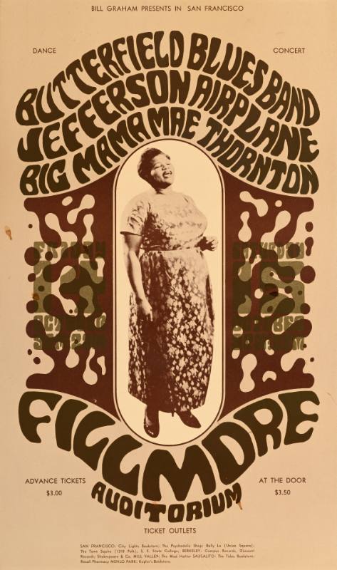 A poster of a Black woman singing on a background covered with psychedelic brown blobs
