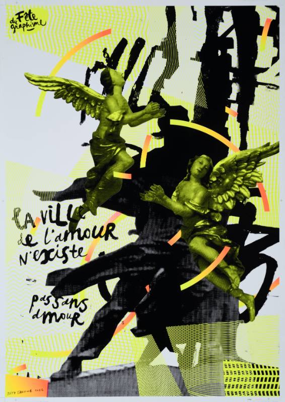 A photomontage poster with stone angels, a shadowy figure, and rays of light.