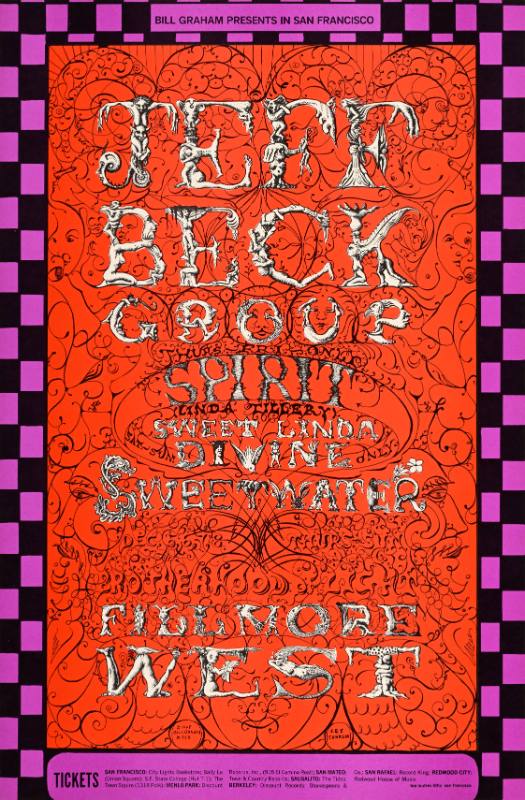 A poster of psychedelic text made out of naked bodies on a red background with a pink checkerboard border