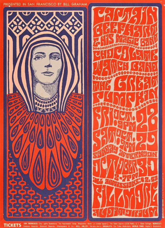 A psychedelic poster of a woman in a cloak and headdress surrounded by wavy pink text