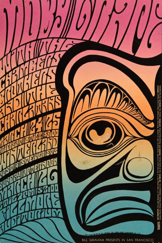 A poster of psychedelic text framed around a carved animal in the style of Pacific Northwest Indigenous artwork