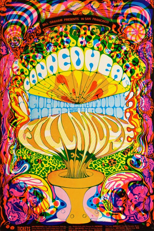 A poster with psychedelic text and rainbow faces