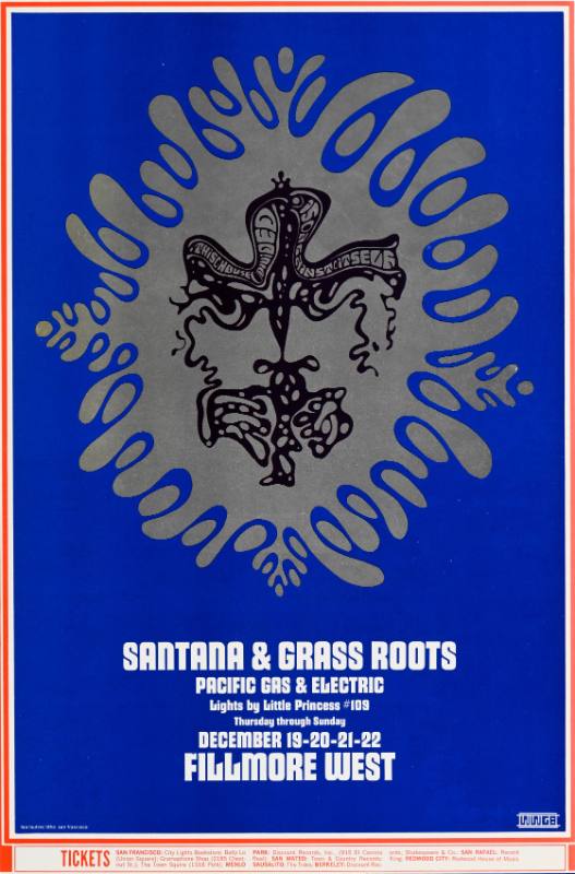 A poster of two faces looking at one another inside a blob on a blue background