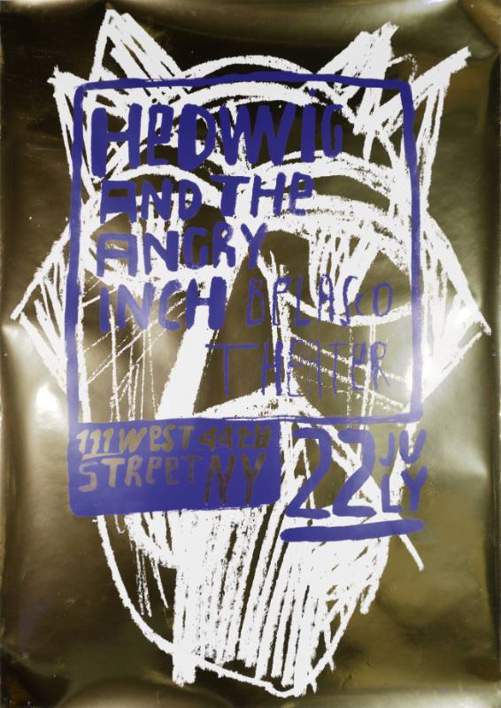 An illustrational poster of a white sketched cat mask on a shiny dark background.