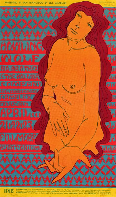 A poster of a nude woman with long hair holding her hand out on top of a background made out of red and blue text