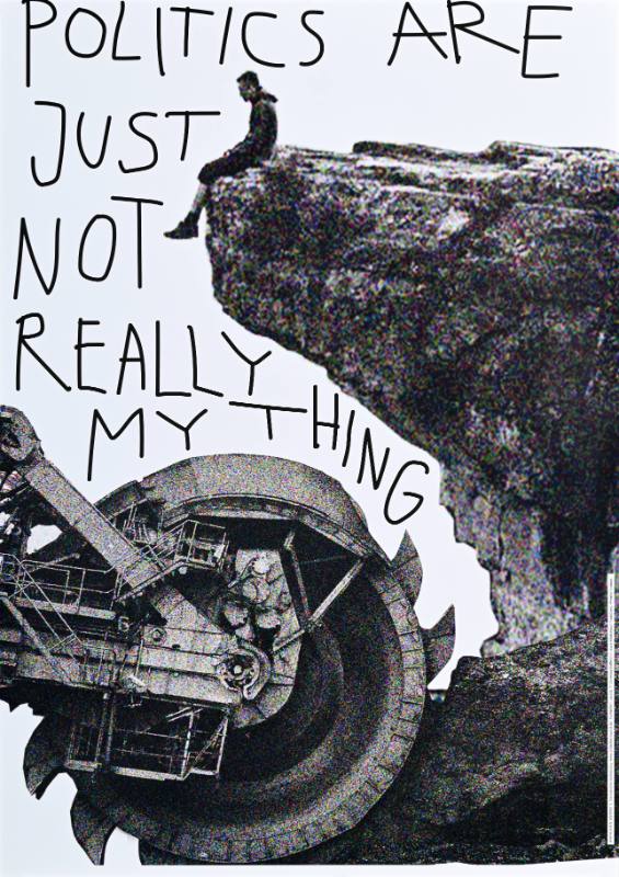 A poster of a person sitting on top of a cliff as a tank crashes into it
