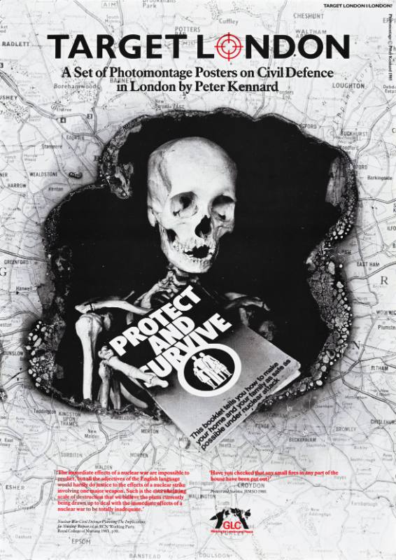 A poster of a skeleton reading a booklet on top of a map of London