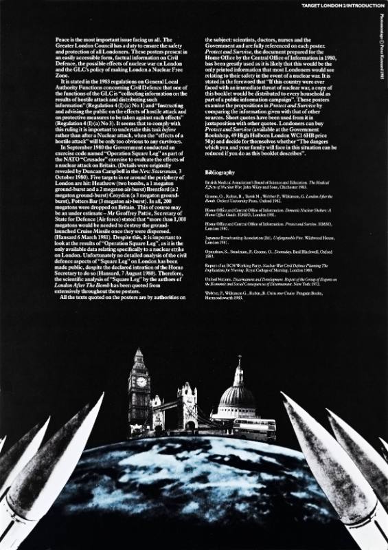 A poster of London monuments in between two sets of nuclear missiles