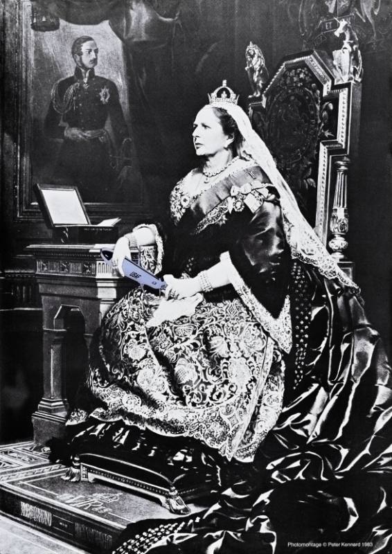 A poster of a white woman in a crown and royal dress sitting looking ominously to the right