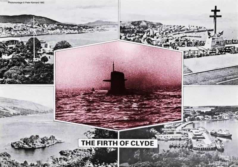 A  poster of four scenes of a river and one of an ominous boat printed in red