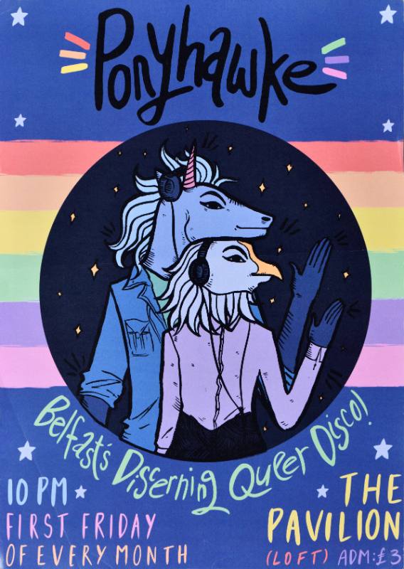 A poster of a unicorn and an eagle wearing headphones on a rainbow background
