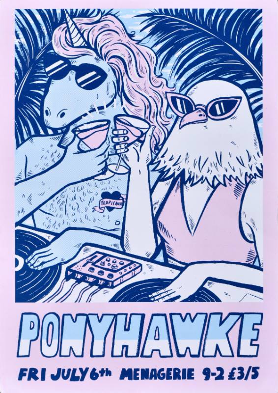 A poster of a shirtless unicorn and an eagle DJing holding martinis
