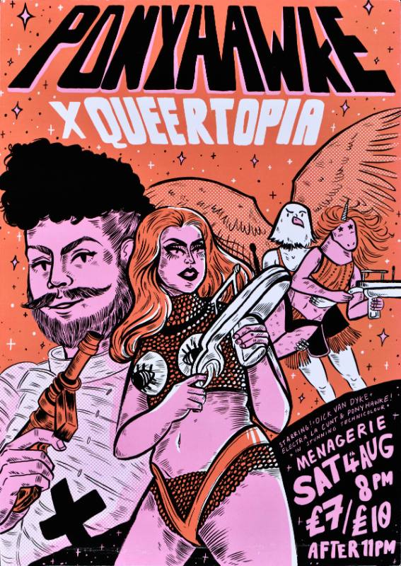 A poster of an eagle and a queer man holding a unicorn and a queer woman as weapons