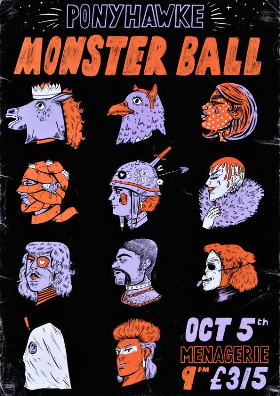 A poster of a unicorn, an eagle, a woman, and several queer people's heads on a black background