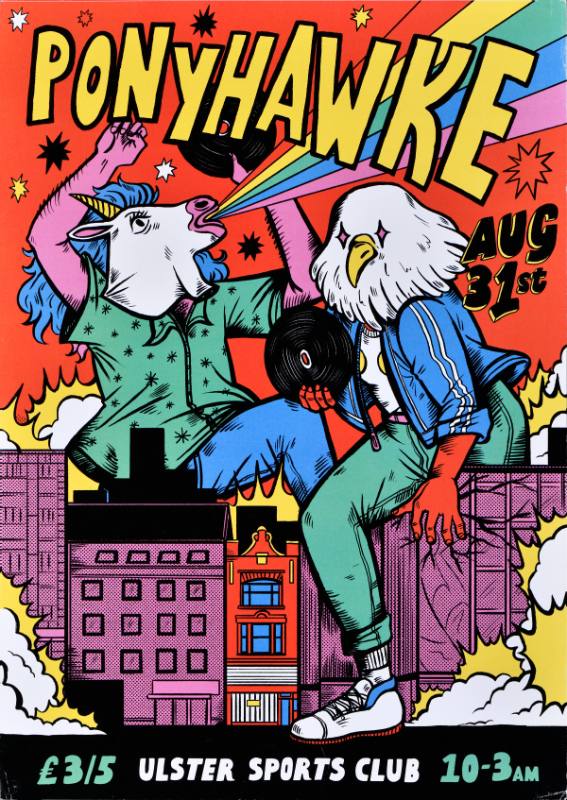 A poster of a unicorn and an eagle climbing over buildings