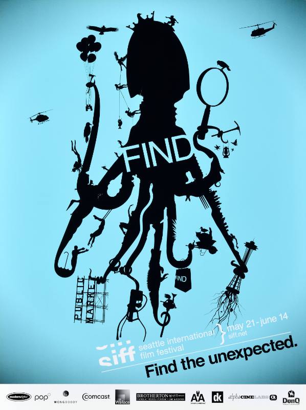 A poster of a squid on a blue background