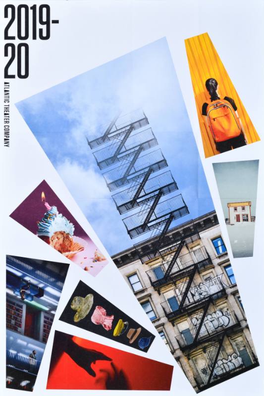 A poster made out of colorful triangular shapes with scenes of buildings, a woman with a backpack, cake, hats, and hands on them