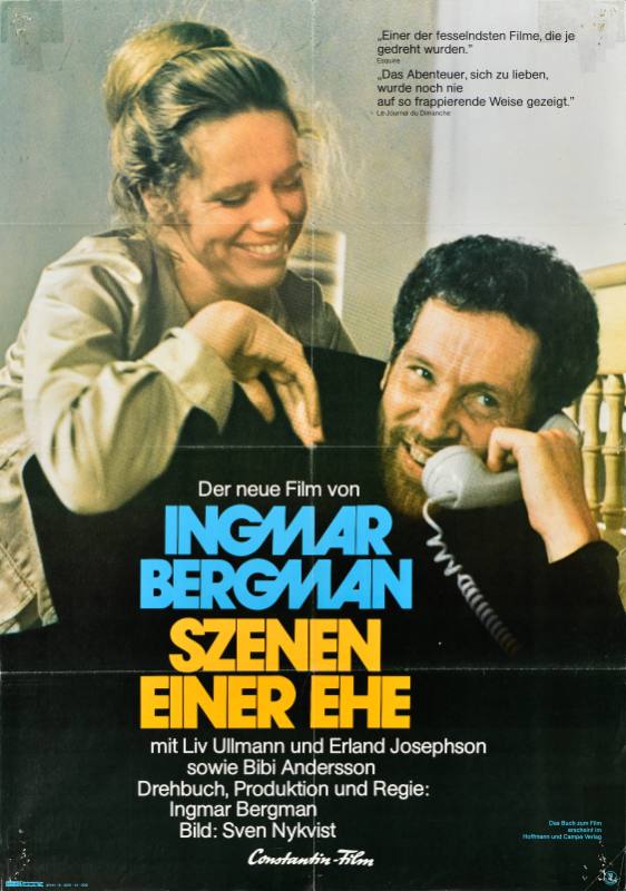 A poster of a man and a woman laughing into a telephone