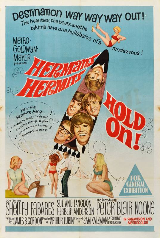 A poster of teenagers at the beach dancing underneath a rocket made out of the faces of handsome young men