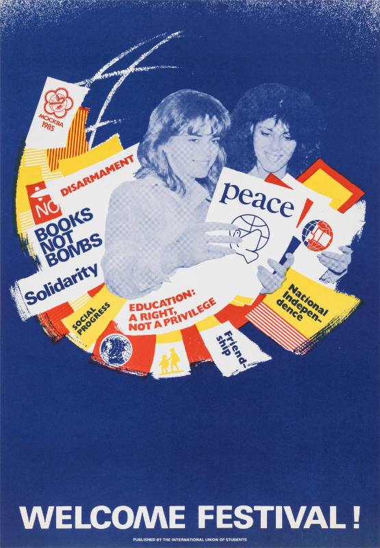 A poster of two women surrounded by and holding flyers of peace and logos for global organizations.