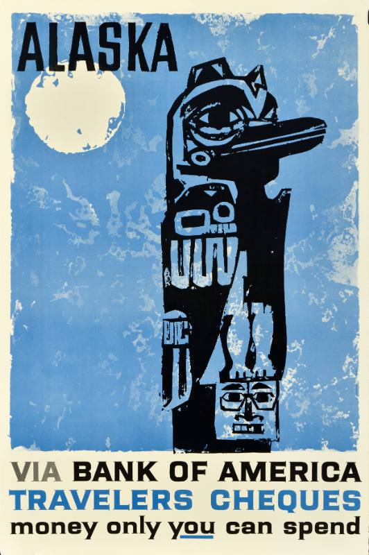 A poster of a totem pole on a blue background