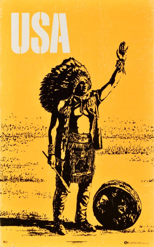 A poster of a Native American man with his hand raised in ceremonial regalia on a yellow background
