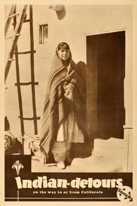 A poster of a Native American woman wrapped in a blanket in a doorway
