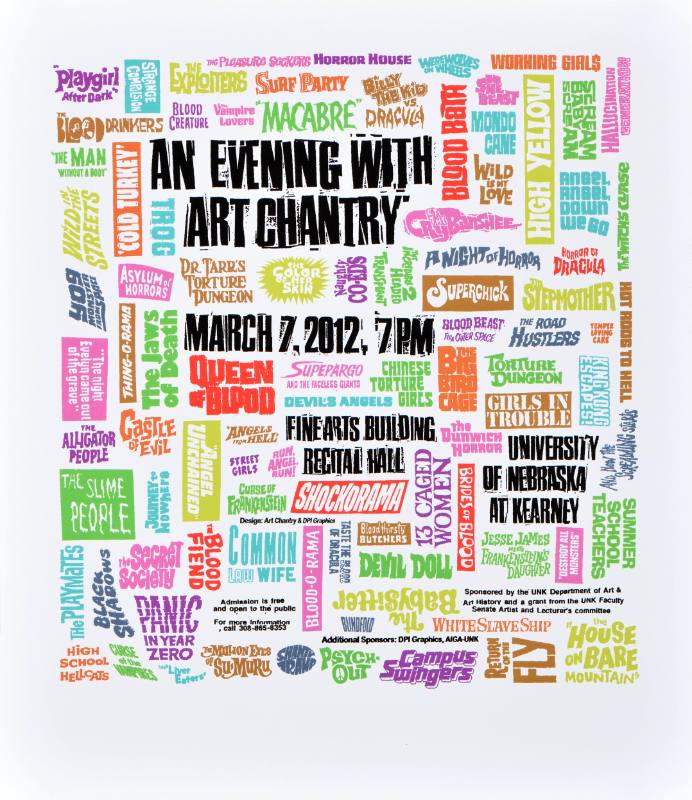 A poster of multicolored text on a white background