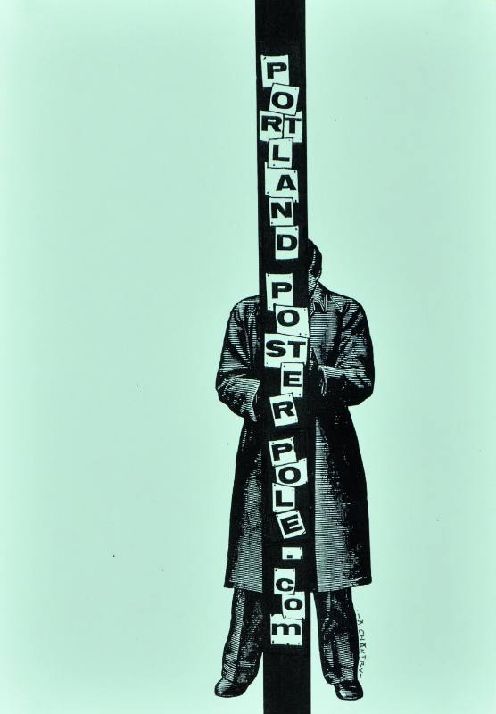 A poster of a man in a trenchcoat standing behind a thick black vertical bar