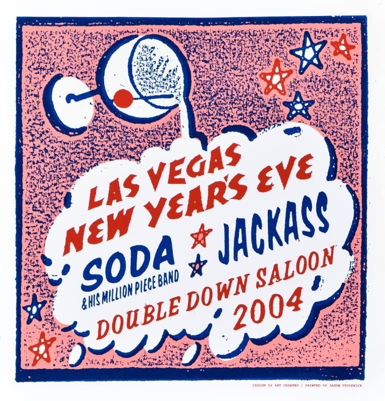 A poster of a glass of alcohol pouring out a puffy pink cloud with text in it