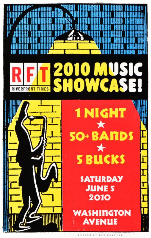 A poster of a street lamp projecting light onto the shadow of a man playing saxophone