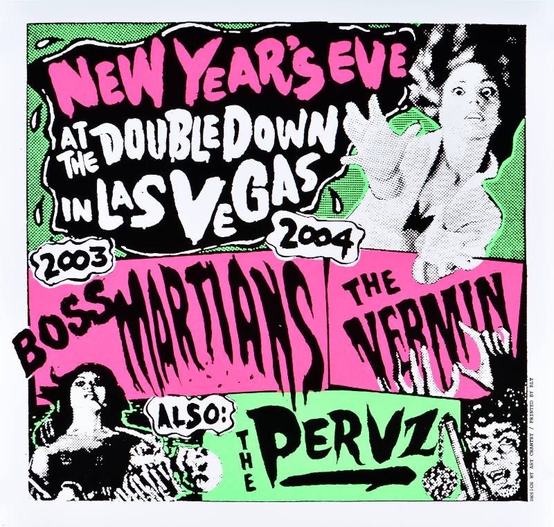 A poster of scared looking women and monsters reaching out towards the viewer on a pink and green background