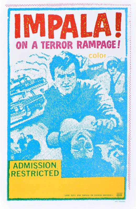 A poster of a man lying on top of a smiling woman printed in blue