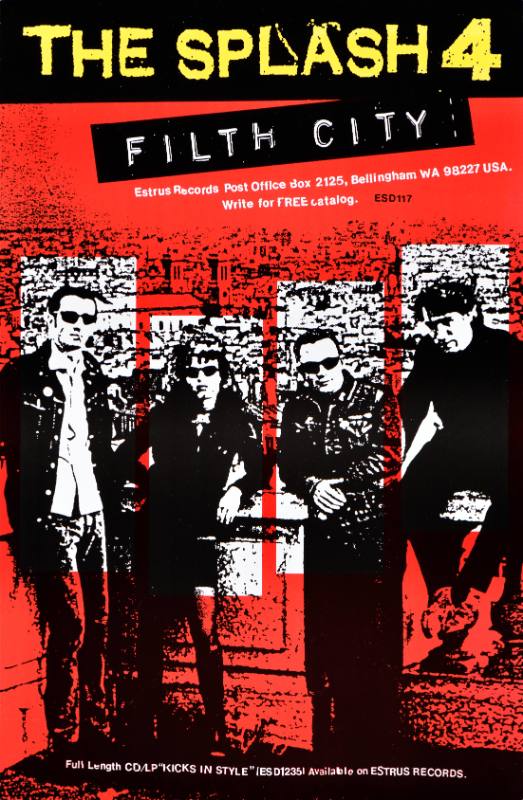 A poster of four white people in sunglasses leaning against a wall