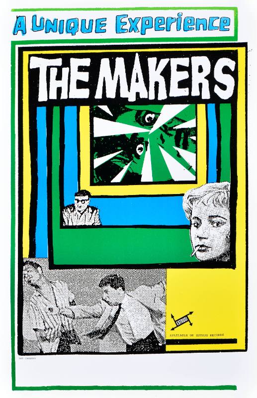 A poster with a series of blue and green squares layered on top of each other; a man's eyes and a woman's face are arranged as part of the squares