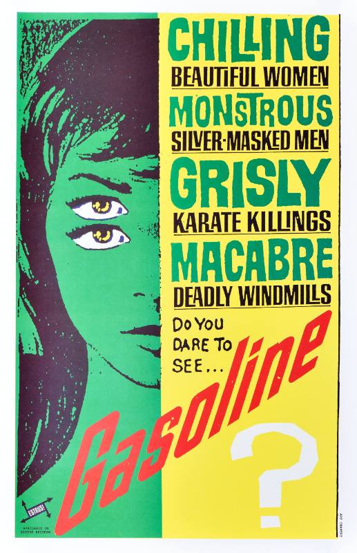 A poster of a green woman with four eyes cut off by a yellow rectangle with bold text