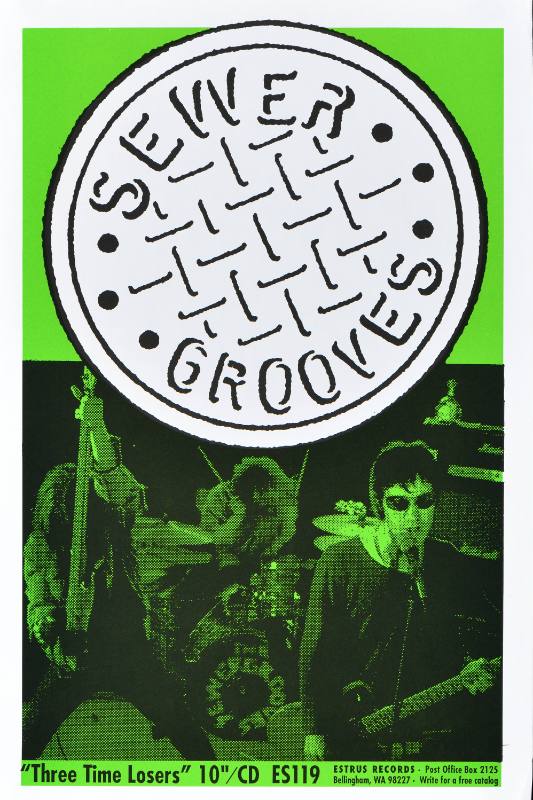 A poster of a musical group in sunglasses performing on stage underneath a grey manhole cover