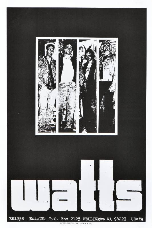 A poster of a group of white men standing in a row on a black background