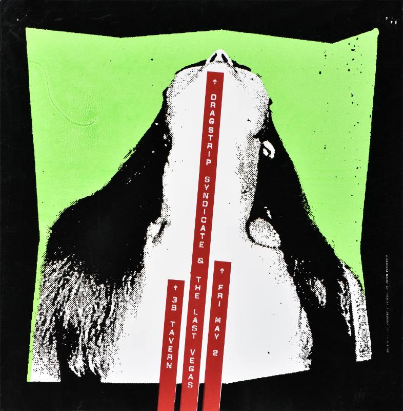 A poster of a white woman's face with a line of red text going through her neck Image