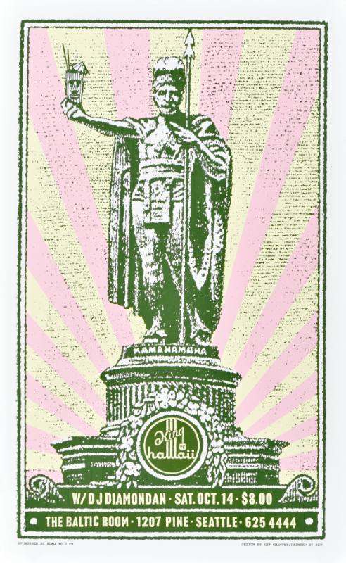 A poster of a smiling statue on a pink and green background