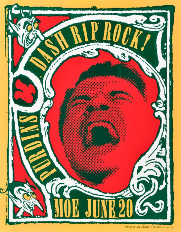 A poster of a man's face screaming on an ornamented green framed background
