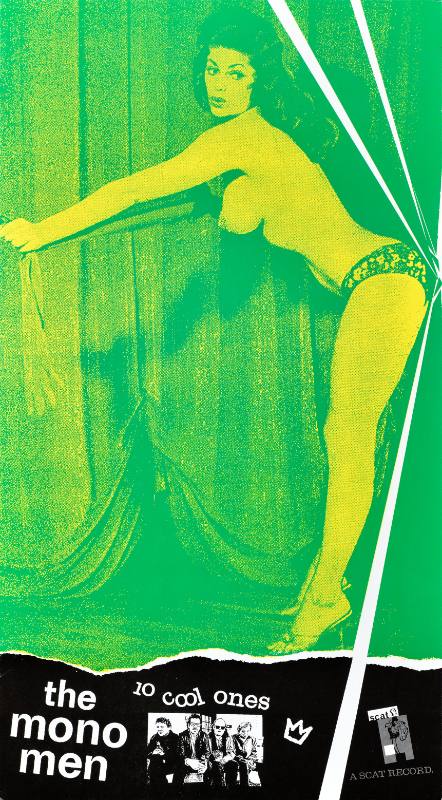 A poster of a topless white woman pulling back a green curtain
