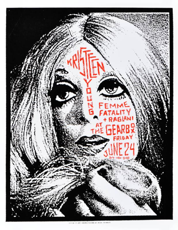 A poster of a white woman's face with red text covering her skin