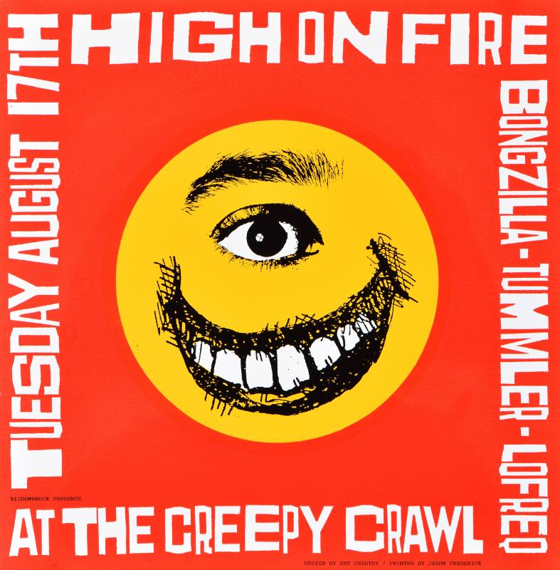 A poster of a smiley face with one eye on a red background