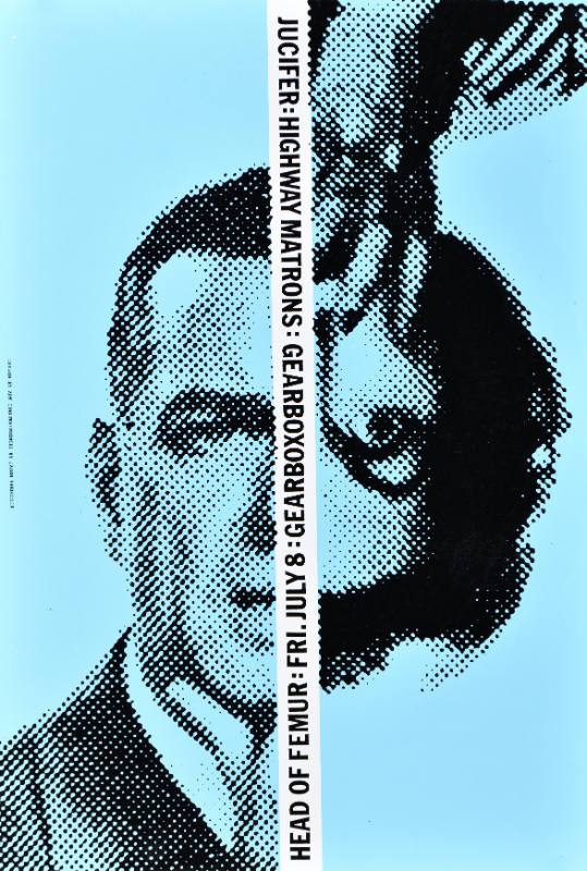 A poster of two men's faces split by a white bar of text on a blue background
