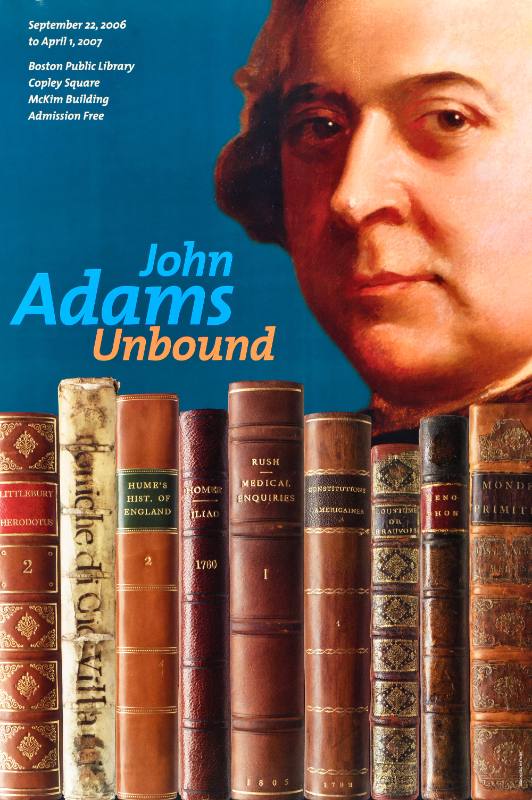 A poster of a painting of a white man in front of a row of books