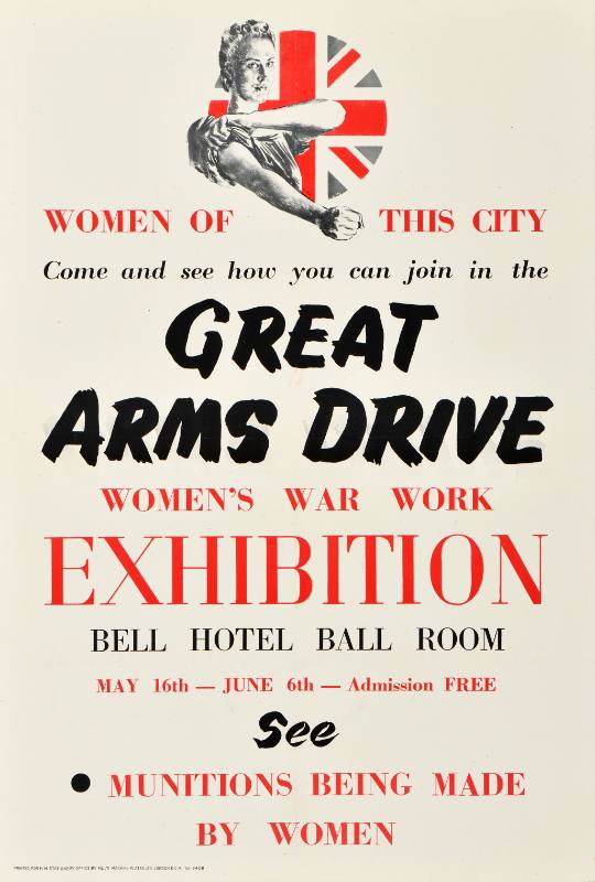 A poster of a white woman flexing her muscles in front of a Union Jack flag