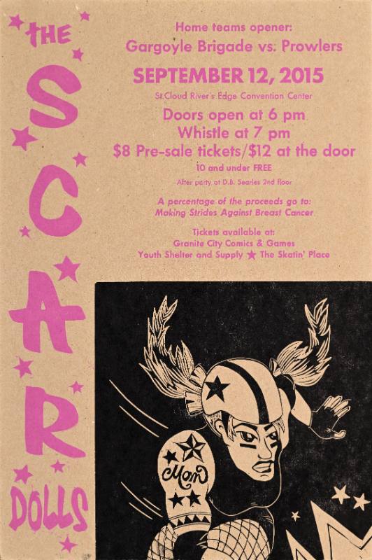 A poster of a figure in a helmet with tattooes and pigtails next to stylized pink text and stars